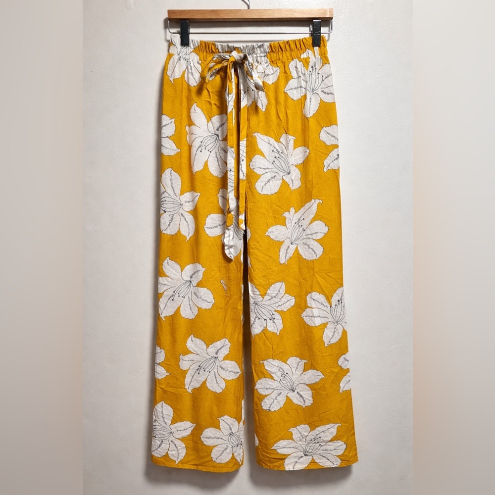 Sweet Rain Mustard Yellow Wide-Leg Floral Pants